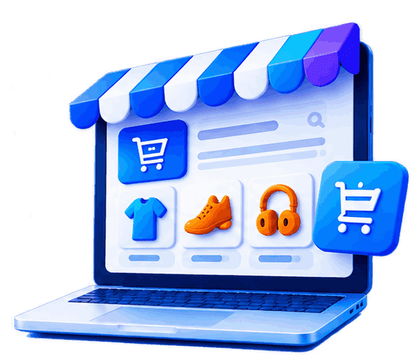 Notebook com vitrine de loja virtual, produtos e carrinho de compras