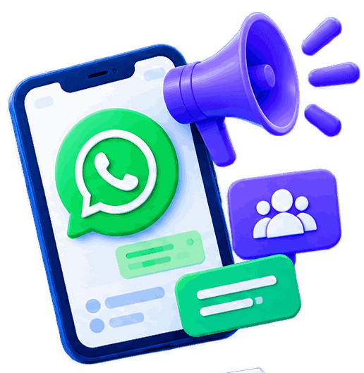 Celular com conversa no WhatsApp, megafone de campanha e ícone de clientes
