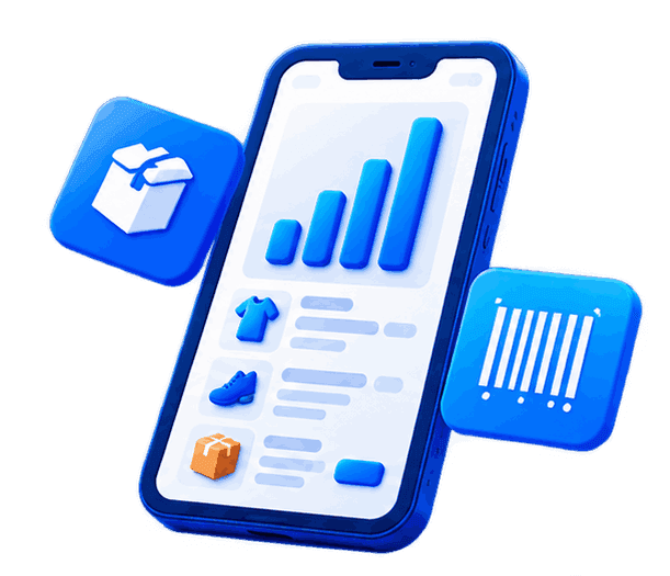 Celular com aplicativo de vendas mostrando gráfico de vendas em alta, produtos e leitor de código de barras