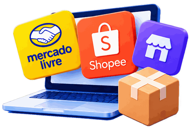 Notebook com ícones dos canais de venda Mercado Livre e Shopee e uma caixa de produto