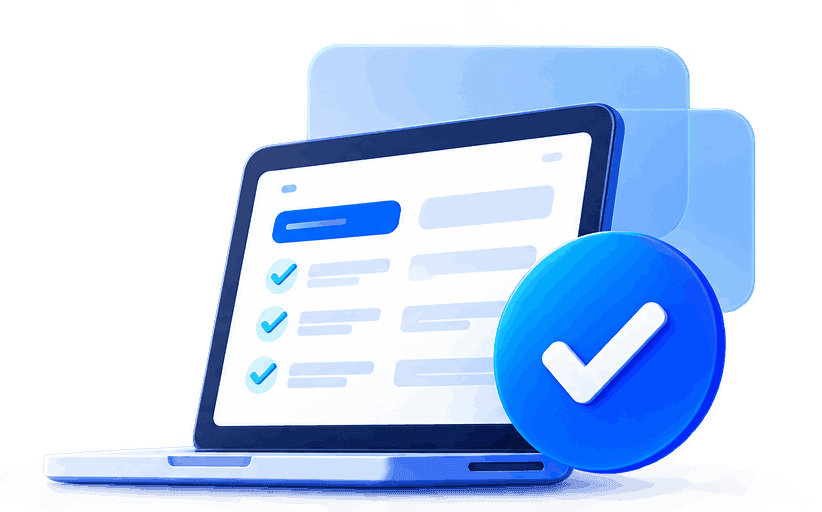 Notebook com checklist de implantação concluído e selo de confirmação