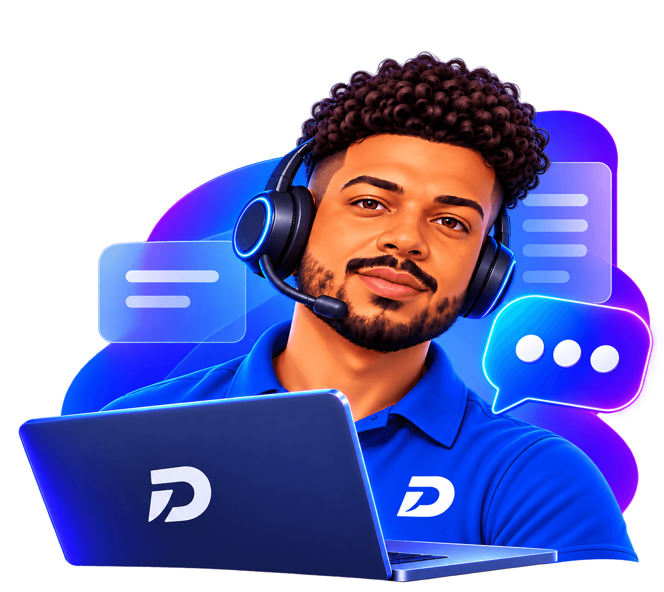 Atendente da Digital Soft com headset, atendendo em notebook